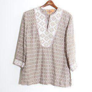 Tory Burch 100% Linen Tunic Top Brown Cream Printed Embroidered Mirrored Size 10